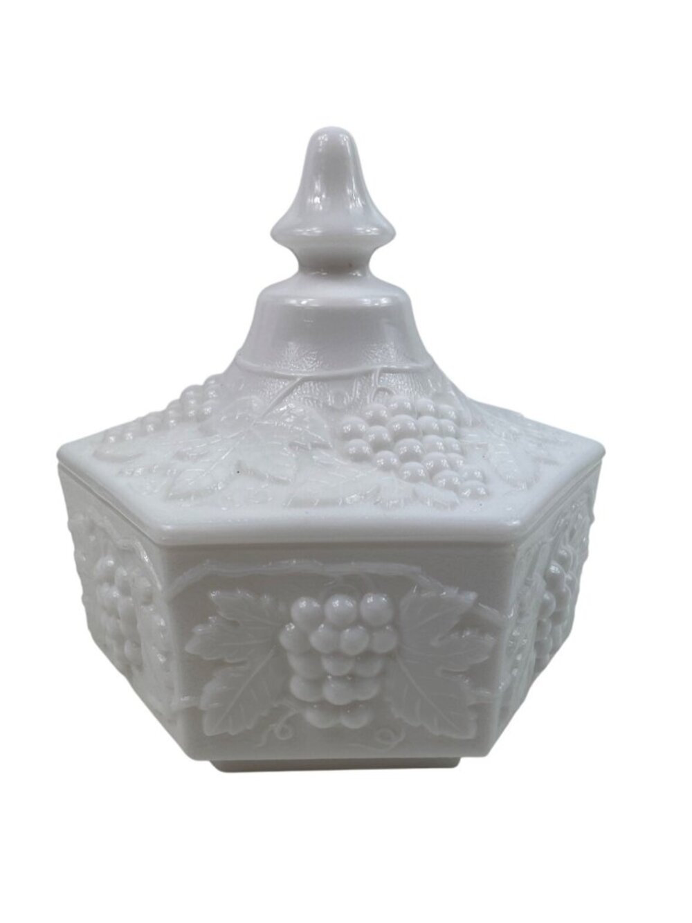 Vintage Imperial Milk Glass 6 Paneled Candy Dish Grapevine Design w/ Lid - Picture 1 of 8